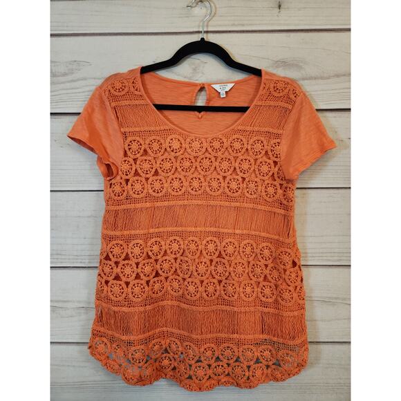 Crown & Ivy Women's Orange Crochet Short Sleeve Round Neck Blouse‎ Petite Medium - Picture 1 of 6
